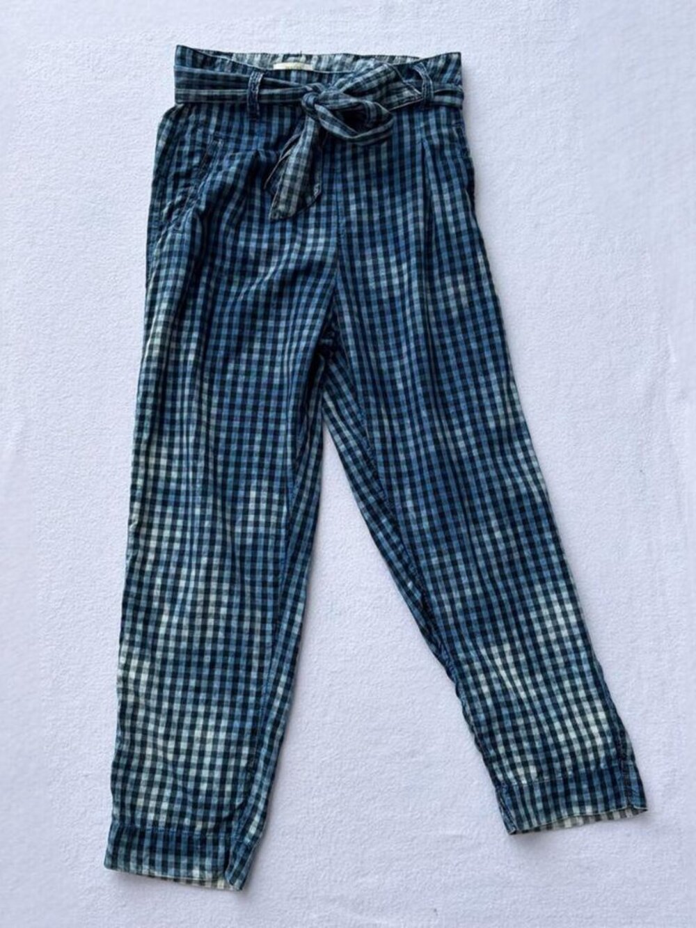 Anthropologie Maeve Avryl Bleached Blue Plaid Gingham Tie Slim Pants Sz 4 Spring
